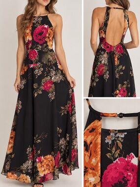 Womens M Black Floral Maxi Dress Open Back Boho Romantic Cottagecore Wedding